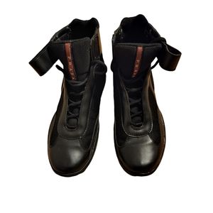 PRADA AMERICA'S CUP BLACK LEATHER LOGO HIGH TOP SNEAKERS SHOES US 13